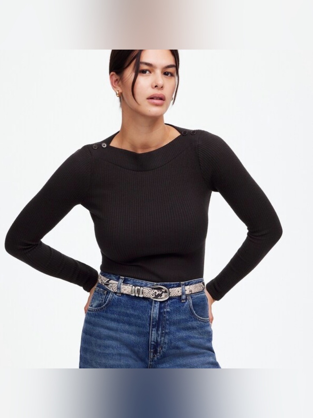 Madewell Boatneck Women’s Black Ribbed Long-Sleeve Top with Button Shoulder XL